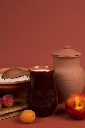Rustic style still life with with dairy productsの写真素材