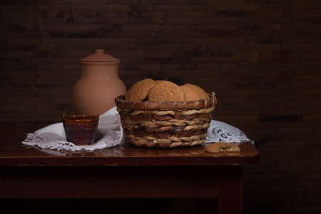 Vintage still life with cookies in a basketの写真素材