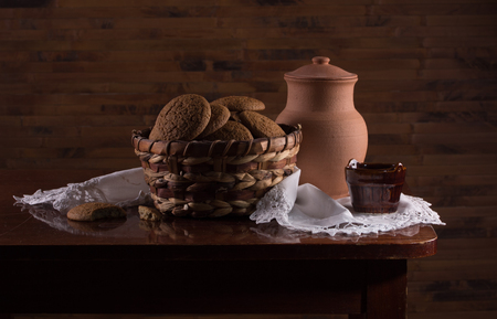 Vintage still life with cookies in a basketの写真素材