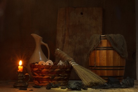 Still life with vintage tools for cleaning  and charcoalの写真素材