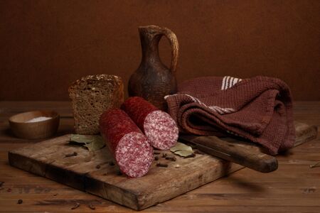 Still life with sausage in vintage styleの写真素材