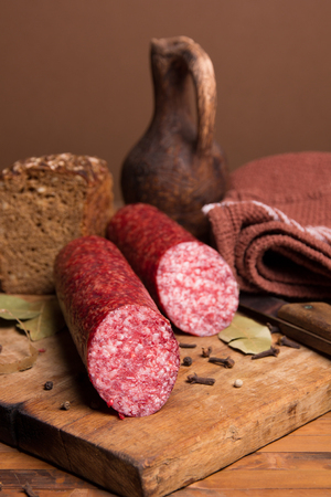 Still life with sausage in vintage styleの写真素材