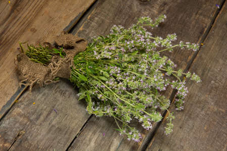 Blooming thyme herb on old wooden backgroundの写真素材