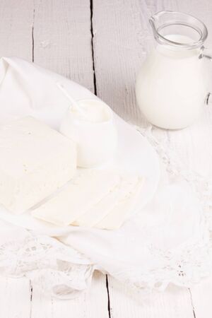 fresh sour cream and  quark  on a white tableの写真素材