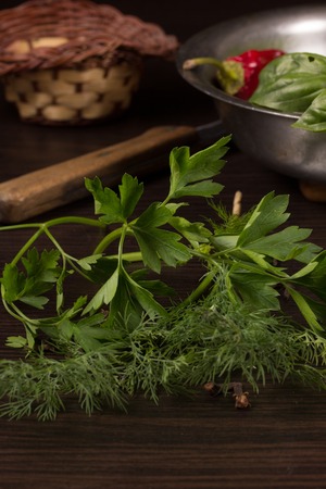Fresh green spices on dark kitchen tableの写真素材