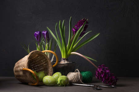 Beautiful easter background with fresh spring flowerの写真素材