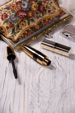 Vintage Cosmetic Bag, Mascara and Lipstickの写真素材
