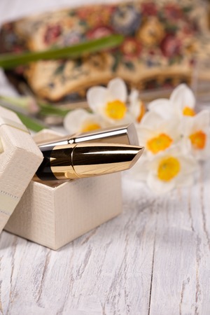 Vintage Cosmetic Bag, Mascara and Lipstickの写真素材