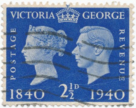 POLTAVA, UKRAINE - APRIL 21, 2019. Vintage stamp printed in Great Britain 1937 shows Queen Victoria and King George VIのeditorial素材