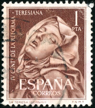 POLTAVA, UKRAINE - SEPTEMBER 23, 2019. Vintage stamp printed in in Spain 1962 shows 400th Anniversary of the Reform of Carmelite Order, St Theresa of Avilaのeditorial素材