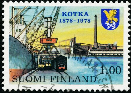POLTAVA, UKRAINE - January 19, 2020. Vintage stamp printed in Finland circa 1978 show 100th anniversary of the town of Kotkaのeditorial素材