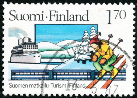 POLTAVA, UKRAINE - February 16, 2020. Vintage stamp printed in Finland circa 1987 show Tourismのeditorial素材