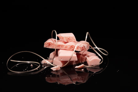 Chunks of aerated pink chocolate on black background