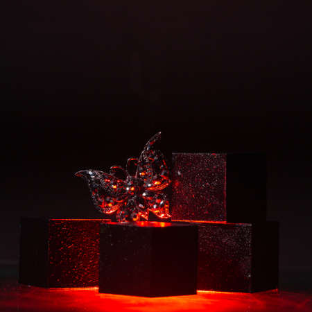 Abstract composition with a brooch in the form of a butterfly in black and red colorsの写真素材