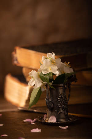 Still life with pink roses and booksの写真素材