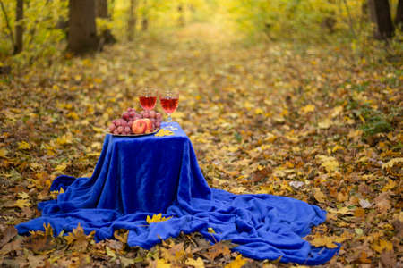 Autumn concept with fruit and drink on yellow leavesの写真素材