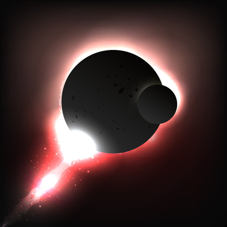 Large and small planet. Burning planets. Universe. Purple space background. Vector illustration, EPS 10のイラスト素材