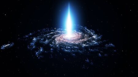 Spiral nebula and light ray in deep space with stars. 3D rendering