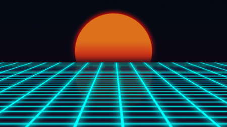 Retro futuristic landscape with sunset 1980s style, digital summer landscape with grid surface, 3D...