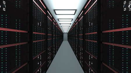 Large server room interior in datacenter, web network and internet telecommunication technology,...