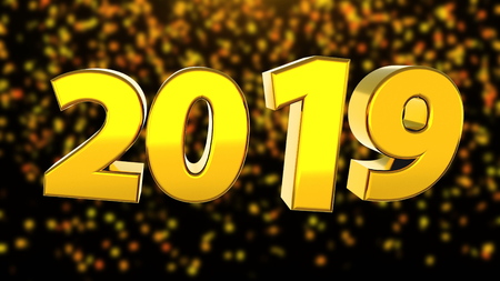 2019 bright text with falling confetti, 3d rendering computer generated background for New year and Christmas holidaysの写真素材