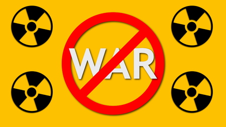 Text War behind prohibition sign and four radioactive sign, danger and safety background, 3d...
