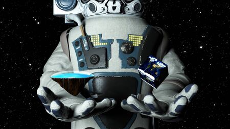 Astronaut in modern scaphandre holds flat Earth and cube Earth, 3d render background, computer...