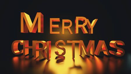 Merry Christmas, golden capitalized text, 3D rendering backdrop, computer generated text for holiday...