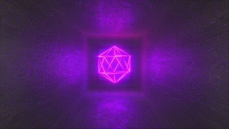3D rendering, abstract background, virtual reality, glowing neon lines, computer generated fluorescent neon Platonic in square room with grunge wallsの写真素材