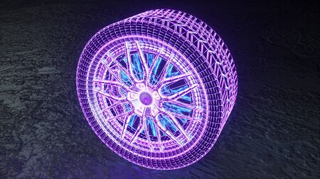 Computer generated hologram of neon car wheel, 3D rendering, abstract background, virtual reality,...