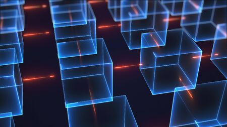 Connection structure of many neon cubes. Computer generated abstract isometric background, 3d...