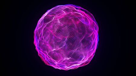 Abstract glowing sphere, computer generated background. Multicolored wavy shape from glow neon particles. 3d rendering of futuristic elementの写真素材