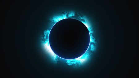 Computer generated a dark round disk with a neon border against the backdrop of rapidly moving clouds. 3d rendering solar eclipse phenomenonの写真素材