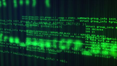 3d rendering of web backdrop. Programming code running through the computer screen terminal, computer generatedの写真素材