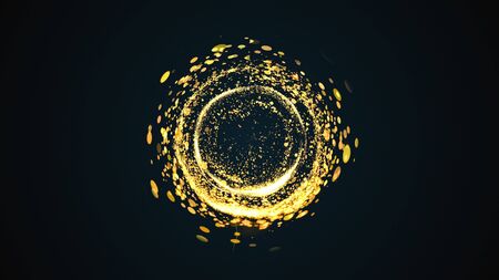 Computer generated abstract background. A chaotic stream of golden round particles and light creates a funnel or spiral. 3D renderingの写真素材