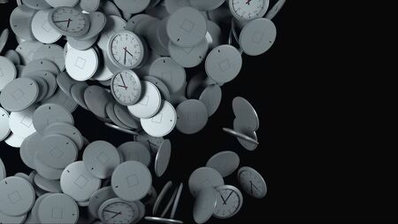 3D rendering of modern backdrop. Computer generated animation many wall clocks fall on top and fill...
