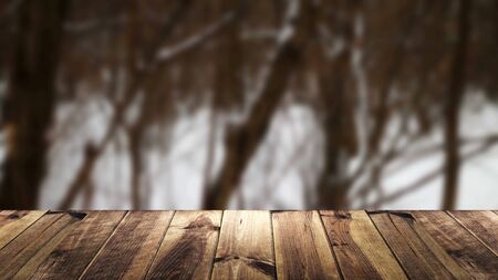 Perspective wood and blur background. Snow compositionの写真素材