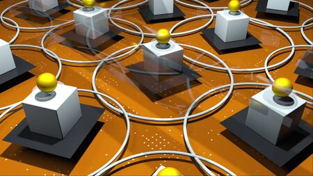 3d render complex realistic composition from various geometric primitive objects. Rotating rings,...