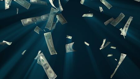 Many dollar bills fall from above, 3d rendering. Computer generated backdrop with effect of money rain. Business successの写真素材