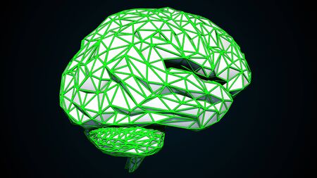Human brain is formed by a combination of colored triangles, computer generated. 3d rendering of digital artificial intelligence of the brain from polygons.の写真素材