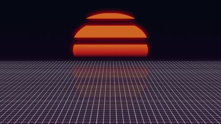 Futuristic neon landscape of the 80 s. Computer generated futuristic sun in retro style. Digital...