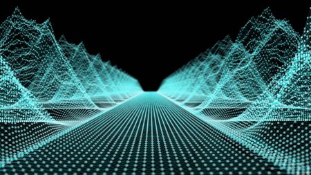 3d rendering straight way and wireframe mountains. Computer generated digital landscape. Futuristic backgroundの写真素材