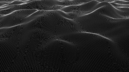 Computer generated a wireframe wave. 3D rendering of a luminous fine mesh. Futuristic backdropの写真素材