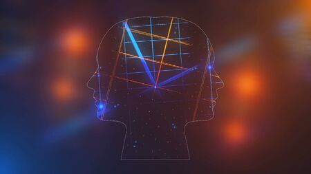 Futuristic energy heads with neon grid effect with lighting, abstract 3d rendering background,...