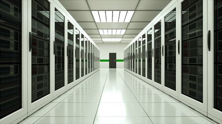Modern server room interior in datacenter, web network and internet telecommunication technology,...