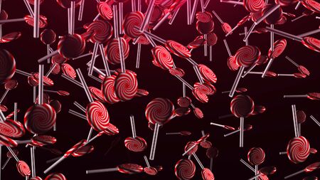 Many sweet lollipops fly in space, sweet background, 3d rendering computer generated backdropの写真素材