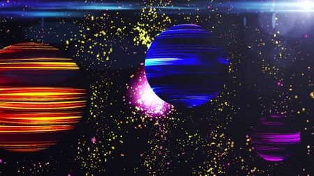 Computer generated colorful cosmic landscape. Futuristic space with neon planets on a starry...