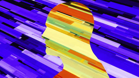 Computer generated human profile with colored stripes. 3d rendering of man silhouette and futuristic backdropの写真素材