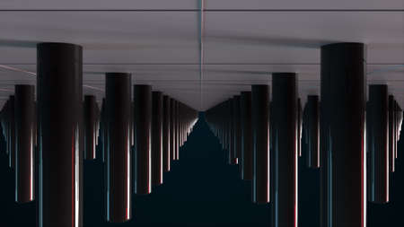 Surface with numerous repeating cylinders. Isometric background with dynamic effect. Computer...