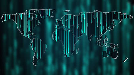 Abstract combination of technology background and geographic map of the world. Computer generated...